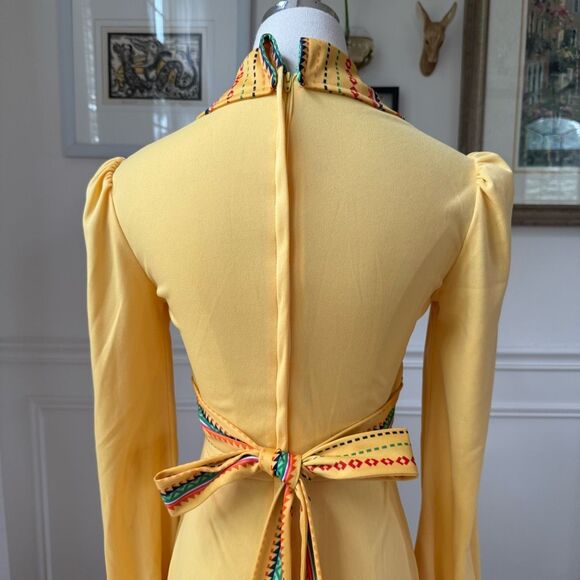 Vintage 70s Yellow Spread Collar Long Sleeve A-Line Dress S - Picture 6 of 7